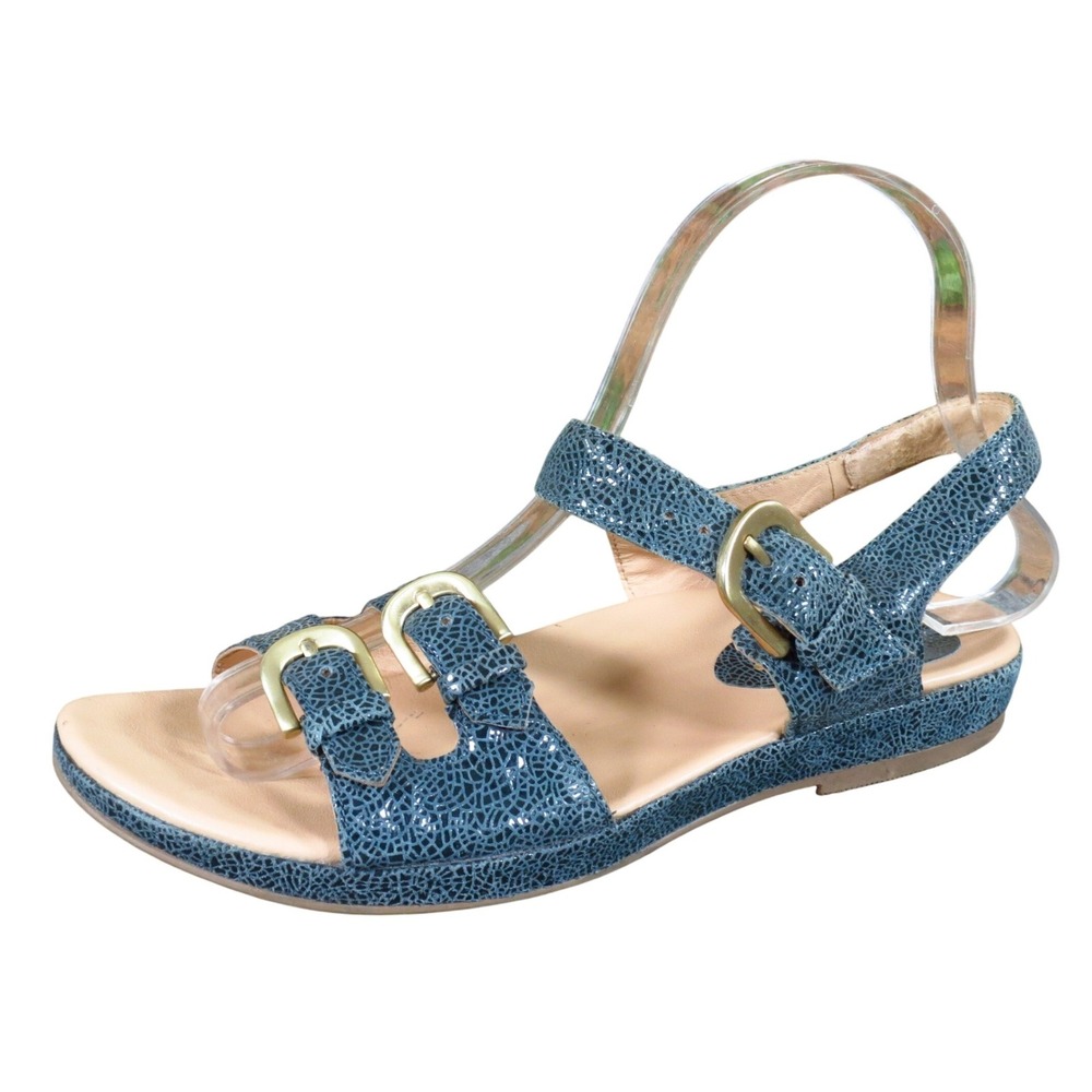 Earthies Verdon Womens Flat Sandals Size 7.5B Summer Travel Denim Blue Leather